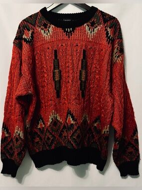 Vintage Generra Aztec SW Print Sweater Men Med Brick Red Earth Tones Pull Over